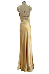 Exceptional Fall 2000 Prada by Miuccia Prada Backless Gold Bias Cut Silk Dress w Front Gathering Detail