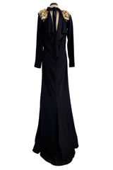 Stunning 2013 Unlabeled Alexander McQueen by Sarah Burton Black Crepe Dress w Gold Metal Detailing