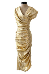Museum Held 1986 Thierry Mugler Gold Feather Light Lame Dress w Gathered Sides