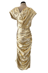 Museum Held 1986 Thierry Mugler Gold Feather Light Lame Dress w Gathered Sides
