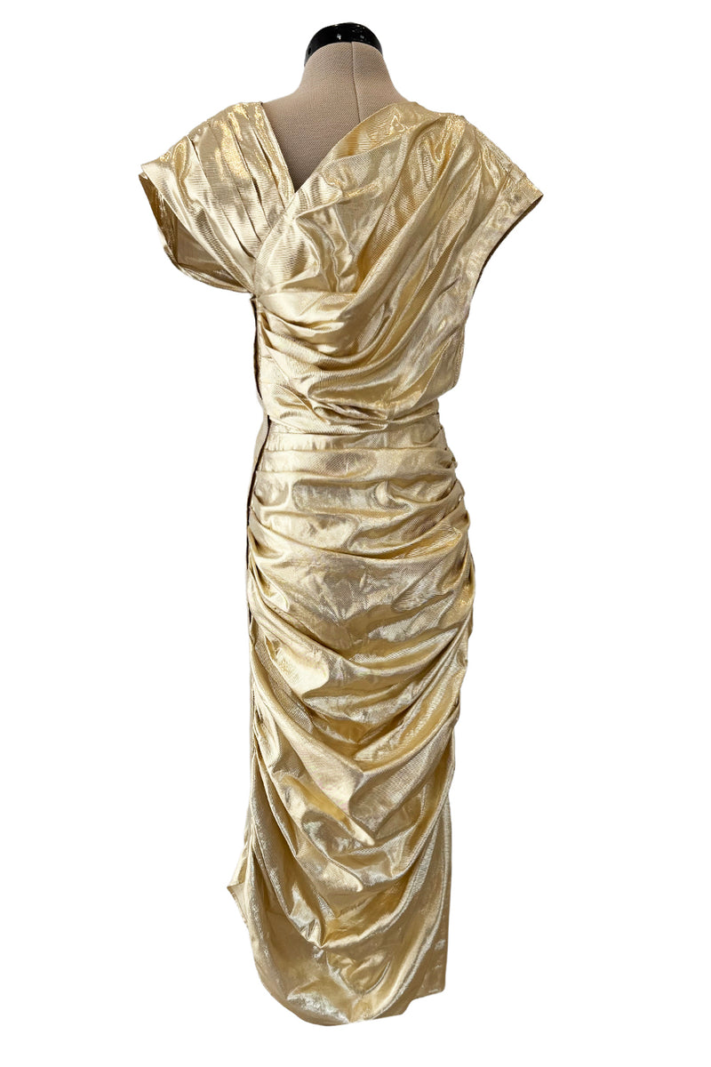 Museum Held 1986 Thierry Mugler Gold Feather Light Lame Dress w Gathered Sides