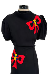 Gorgeous 1940s Unlabeled Black Crepe Dress w 3D Floral Detailed Bright Red Bow Appliques