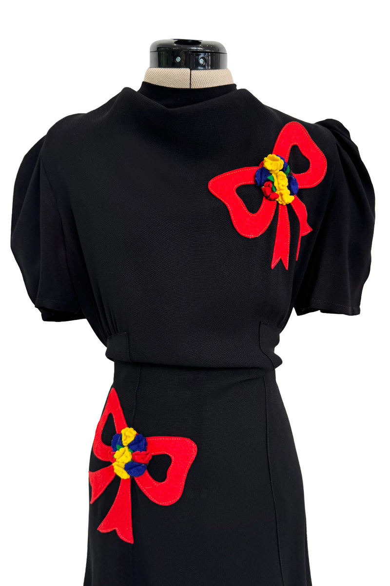 Gorgeous 1940s Unlabeled Black Crepe Dress w 3D Floral Detailed Bright Red Bow Appliques