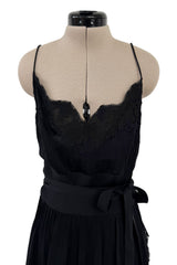 Beautiful 1990s Original Valentino Haute Couture Black Silk Dress w Handmade Lace Detailing