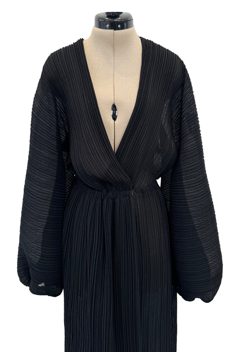 Incredible Spring 1978 Halston IV Plunged & Pleated Black Wrap Runway Dress w Balloon Sleeves