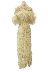 Fabulous 1950s Unlabeled Pearl, Bead & Feather Detailed Yellow Lace Dress w Matching Cape