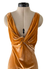 Magical Fall 2005 John Galliano Deep Golden Coloured Bias Cut Velvet Dress w Front Knot Detail