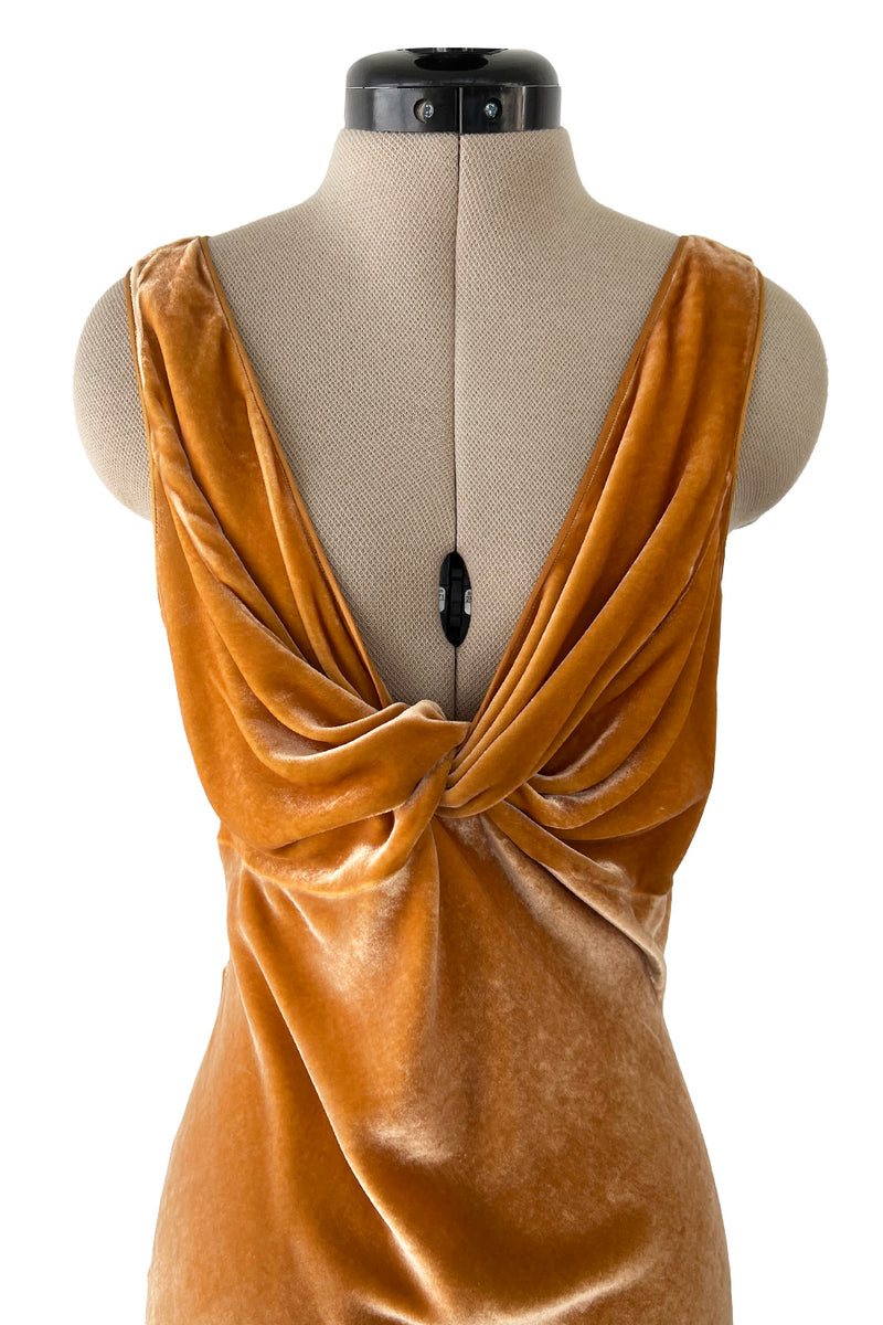 Magical Fall 2005 John Galliano Deep Golden Coloured Bias Cut Velvet Dress w Front Knot Detail