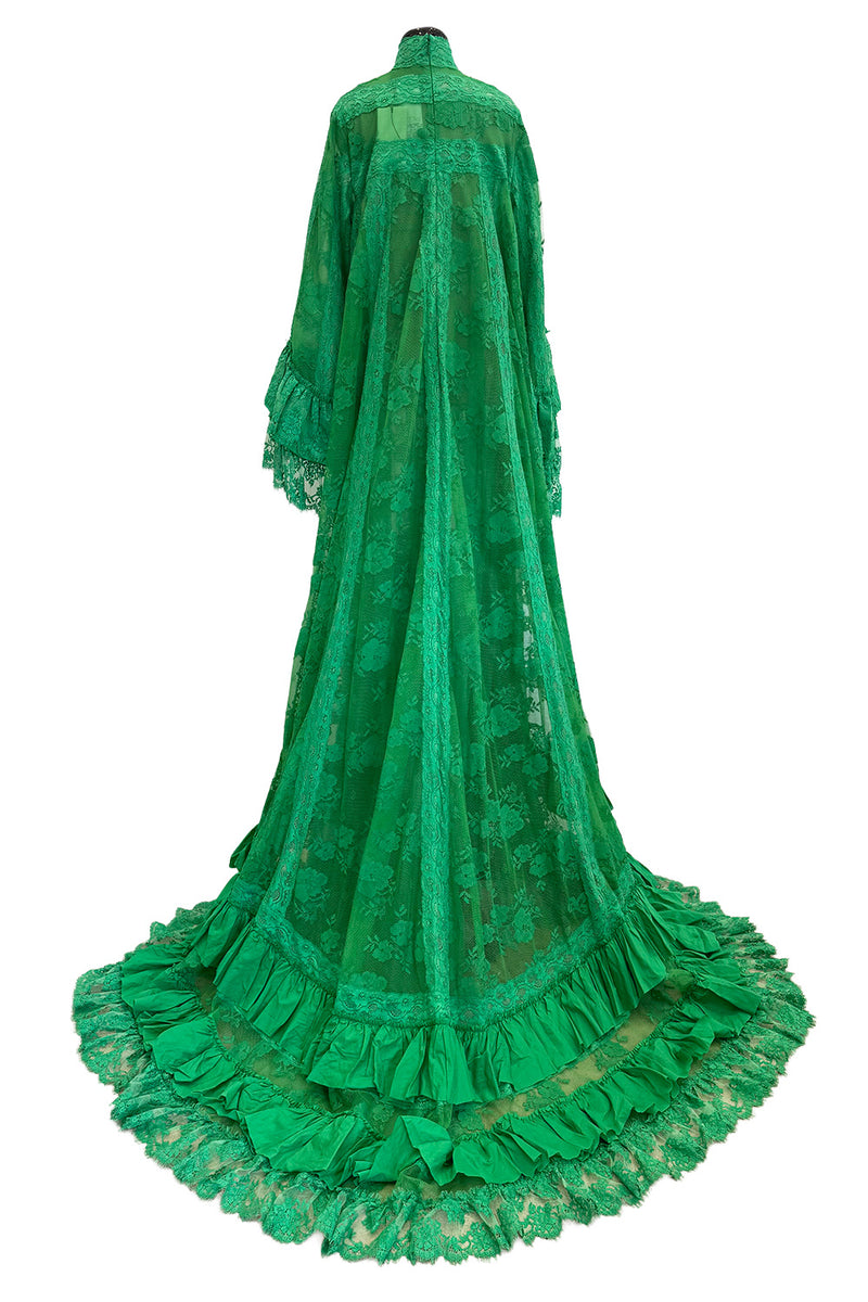 Remarkable Resort 2019 Gucci by Alessandro Michele Runway Look 9 Green Lace & Net Ruffle Dress w Train