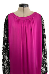 Flapper Inspired 1980s Yves Saint Laurent Easy Fit Brilliant Pink Silk Dress w Black Floral Lace Sleeves