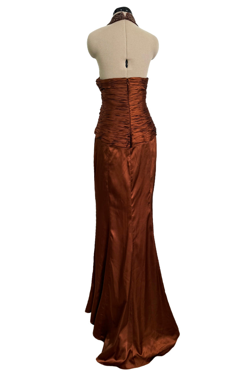 Chic 2000s Gianni Versace Bronze Gathered Silk Bodice Dress w an Elaborately Beaded Cut Out Front & Sweepimng Back