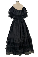 Dramatic 1970s Louis MiesOff Shoulder Haute Couture Silk Dress w Hand Made Lace & Full Skirt