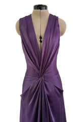 Minimalist Spring 2008 Alexander McQueen Purple Bias Cut Silk Dress w Front Plunge & Knot Detailing