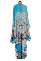 Amazing 1970s Hanae Mori Couture Silk Chiffon Scene Print Jumpsuit w Matching Cape Overlay