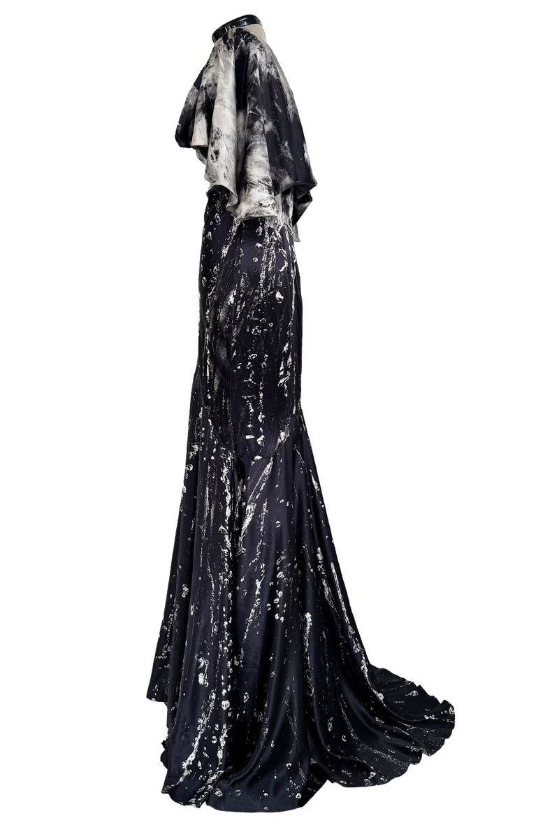 Outstanding Fall 2010 Alexander McQueen Gray Scale Print Silk Dress w Caped Sleeves & Trained Skirt