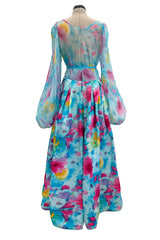 Prettiest 1970s Richilene Pastel Turquoise & Pink Floral Print Silk & Silk Chiffon Dress w Balloon Sleeves