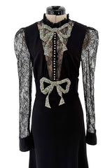Prettiest 2017 Gucci by Alessandro Michele Black Dress w Lace Sleeves & Iridescent Crystal Bow Detailing