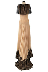 Spectacular Fall 1988 John Anthony Bias Cut Taupe Silk Chiffon Wrap Dress w Hand Made Lace Detailing