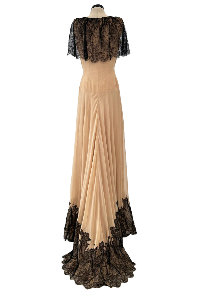 Spectacular Fall 1988 John Anthony Bias Cut Taupe Silk Chiffon Wrap Dress w Hand Made Lace Detailing