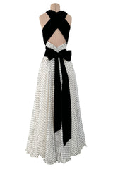 Dreamy Spring 1987 Jacqueline de Ribes Runway & Ad Campaign Silk Chiffon Dot Dress w Black Velvet Bow Detailing