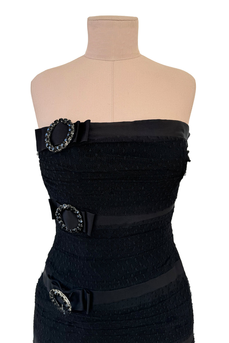 Fantastic Spring 1987 Yves Saint Laurent Strapless Dotted Silk Net Strapless Dress w Rhinestone Detail & Full Lower Skirts