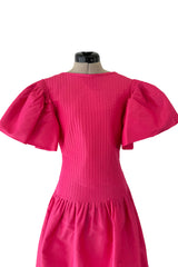 Prettiest 1980s Pierre Cardin Bright Pink Dress w Puff Sleeves & Flat Pleating