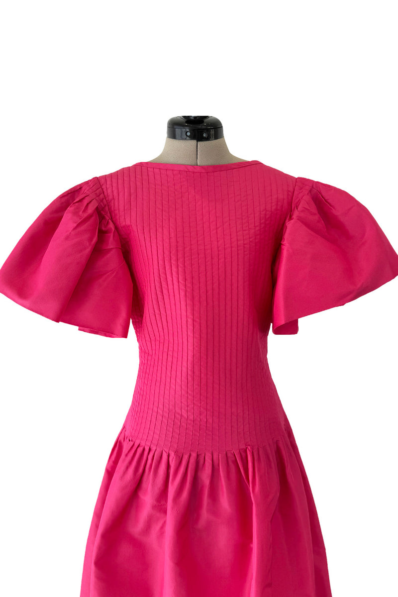 Prettiest 1980s Pierre Cardin Bright Pink Dress w Puff Sleeves & Flat Pleating