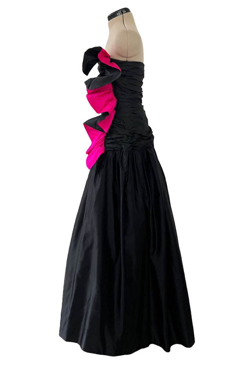 Stunning 1980s Arnold Scaasi Couture Black Silk Strapless Dress w Shocking Pink Ruffle