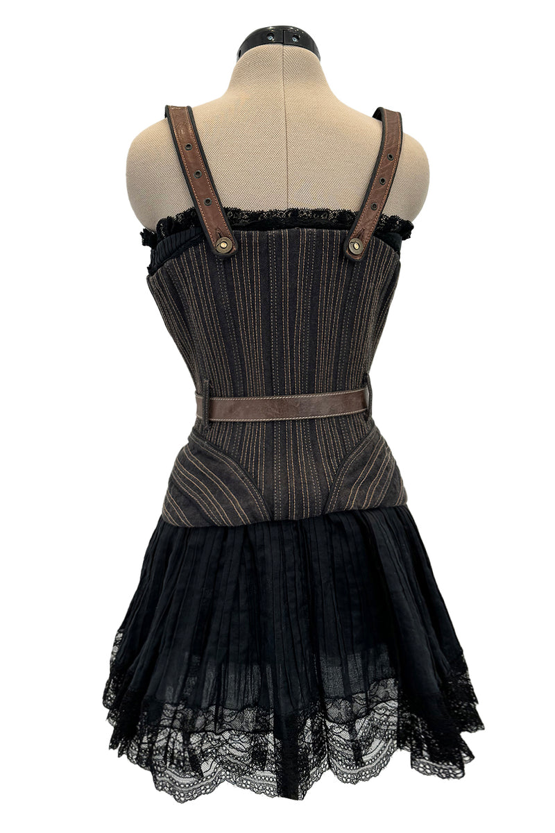 Exceptional Fall 2002 Alexander McQueen Runway Look 44 Corset Mini Dress w Leather Details