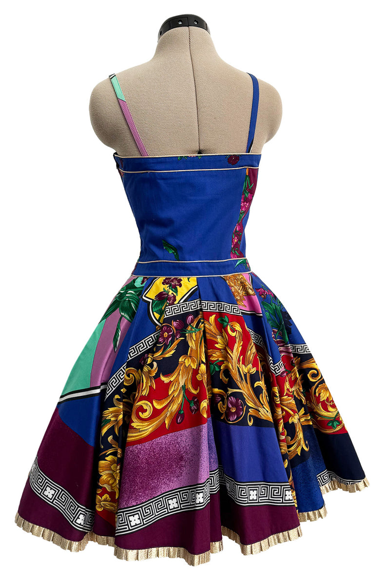 Iconic Spring 1992 Versace by Gianni Versace Jeans Couture Floral Print Full Skirt Halter Mini Dress