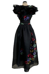 Spring 1981 Unlabeled Christian Dior Floral Print Silk Organza Dress w Ruffled Shoulders