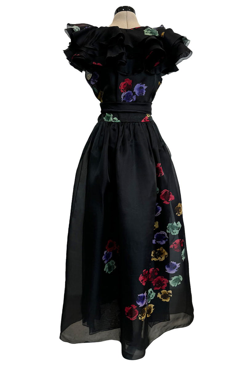 Spring 1981 Unlabeled Christian Dior Floral Print Silk Organza Dress w Ruffled Shoulders