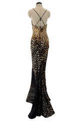 Gorgeous Spring 2005 Roberto Cavalli Black & Gold Feather Print Bias Cut Silk Dress w Open Criss Cross Back