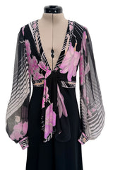 Prettiest 1970s Leonard Paris Printed Silk & Black Jersey Dress w Plunge Front & Silk Chiffon Sleeves
