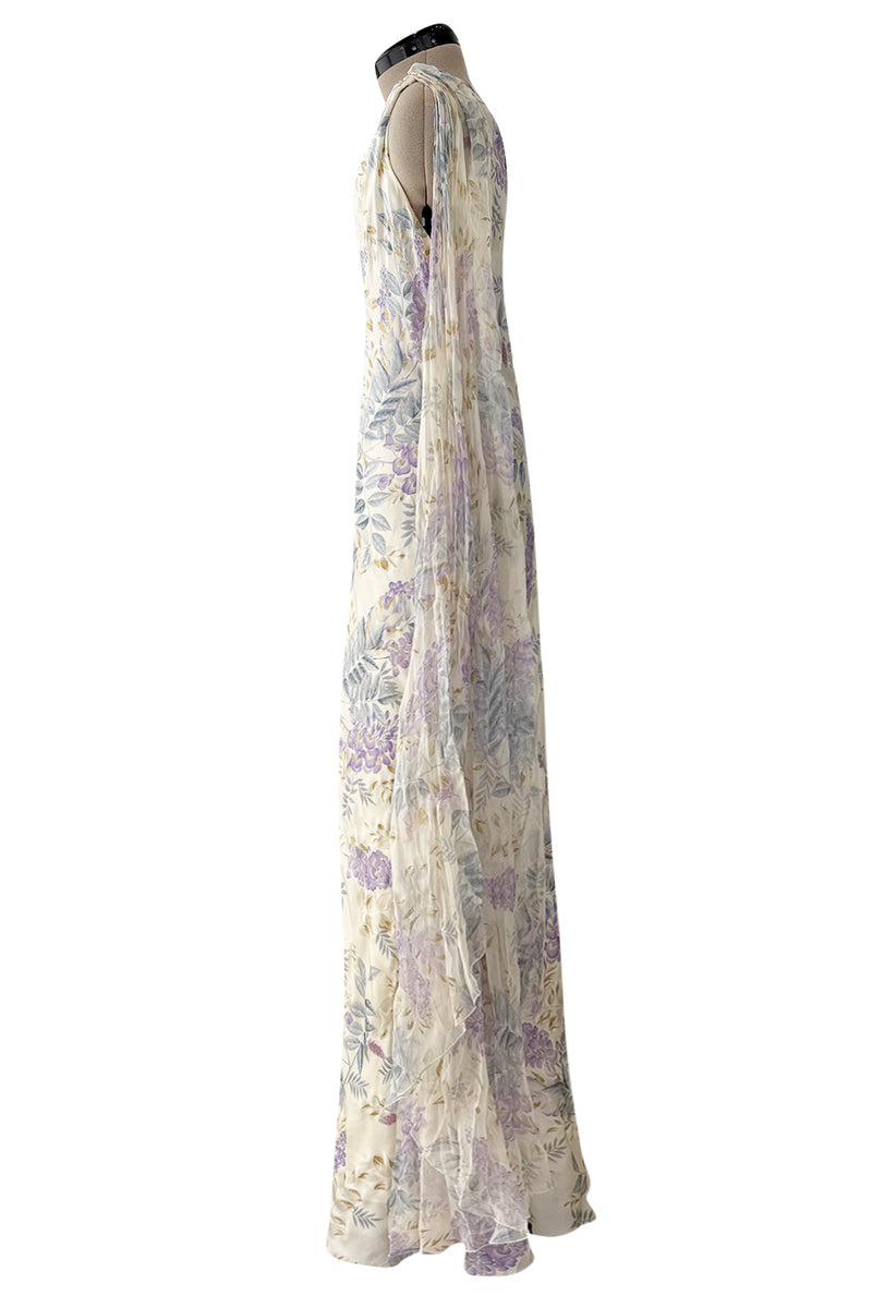Gorgeous Fall 2003 Ungaro by Giambattista Valli One Shoulder Printed Silk Chiffon Dress w Trailing Panel