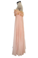 Prettiest 1960s Unlabeled Pale Pink Strapless Dress w Silk Chiffon & Flower Detailed Bodice