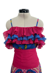 Incredible 1970s Jean Patou Printed Silk Organza Dress w Layered Ruffled Neckline & Hem