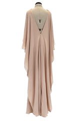 Fall 1975 Halston Runway Pale Neutral Bias Cut Silk Chiffon Dress W Ruffled & Open V Back