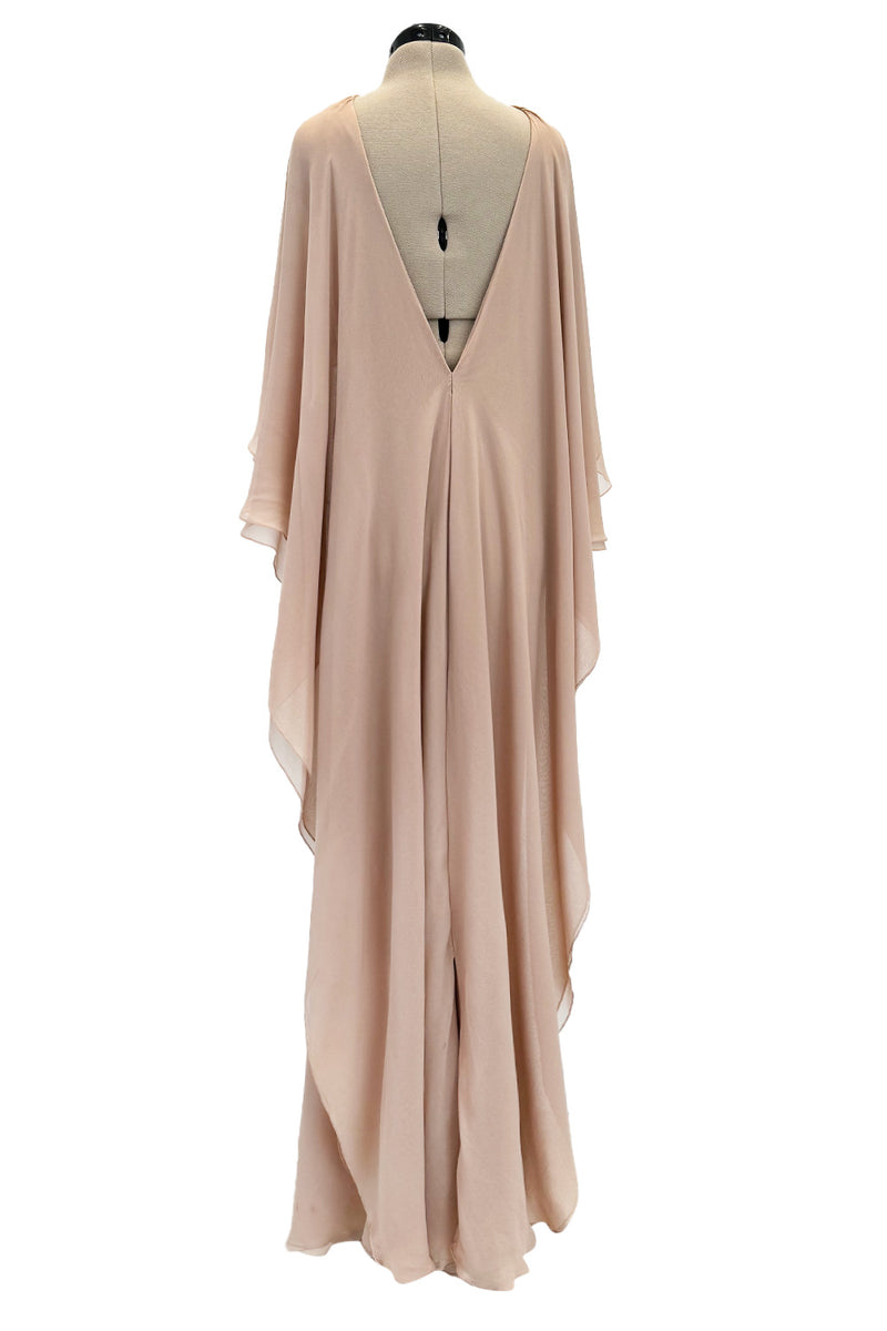Fall 1975 Halston Runway Pale Neutral Bias Cut Silk Chiffon Dress W Ruffled & Open V Back
