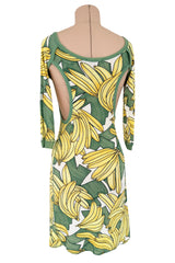 Iconic Spring 2004 Chloe by Phoebe Philo Runway Look 18 Banana Print Dress Side Cuts Outs