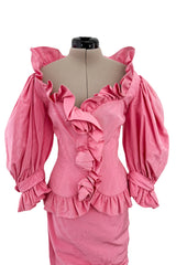 Phenomenal Spring 1988 Jean Louis Scherrer Haute Couture Pink Ruffle Suit w Balloon Sleeves