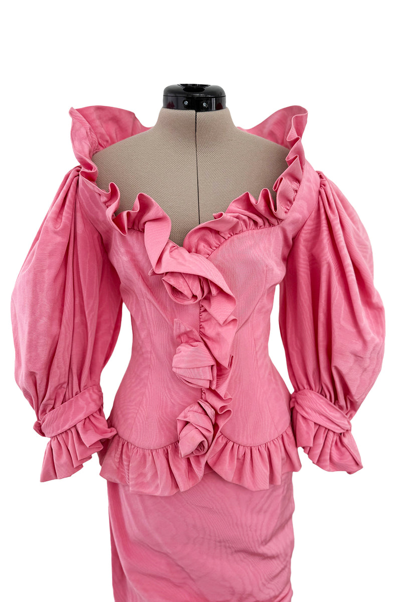 Phenomenal Spring 1988 Jean Louis Scherrer Haute Couture Pink Ruffle Suit w Balloon Sleeves
