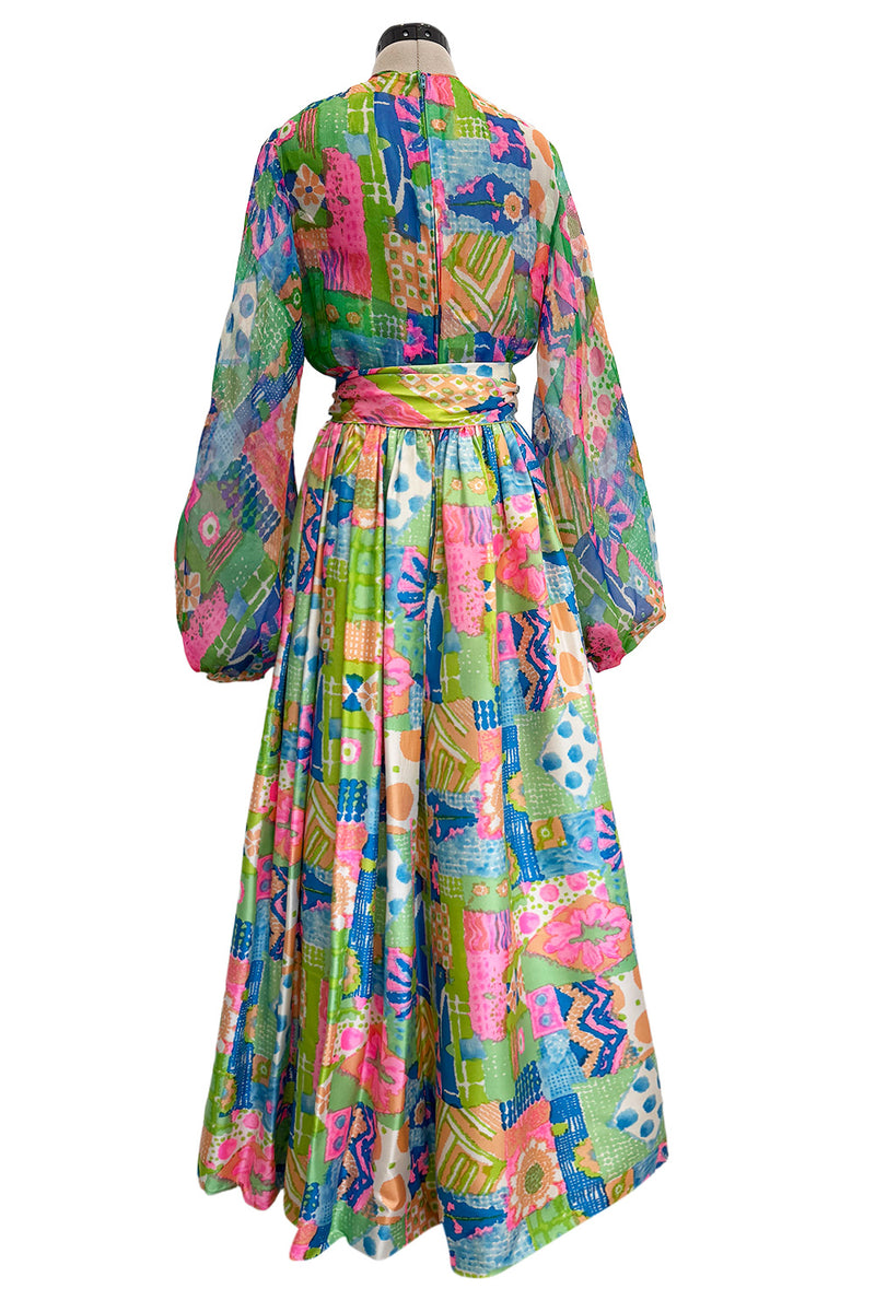 Fantastic Spring 1969 Kiki Hart Multi Colour Floral & Pattern Silk & SIlk Organza Dress w Balloon Sleeves
