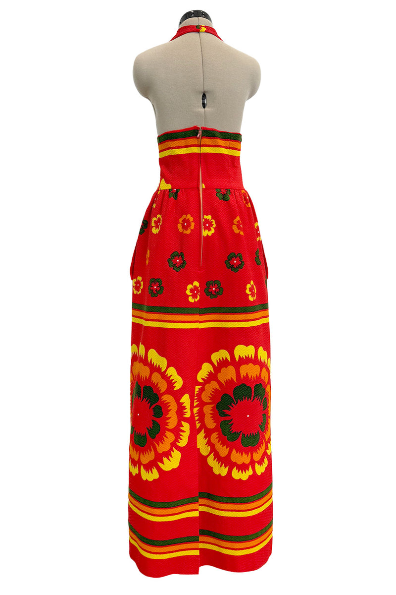 Gorgeous 1971-1972 Lanvin by Jules-Francois Crahay Floral Printed Coral Cotton Pique Backless Halter Dress