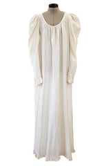 Amazing 1970s Yves Saint Laurent Silk Ivory Full Tent Dress w Belt, Ruffled Edges & Full Sleeves