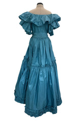 Spectacular 1970s Yves Saint Laurent Deep Turquoise Blue Silk Off Shoulder Fuffled Top & Matching Skirt Set