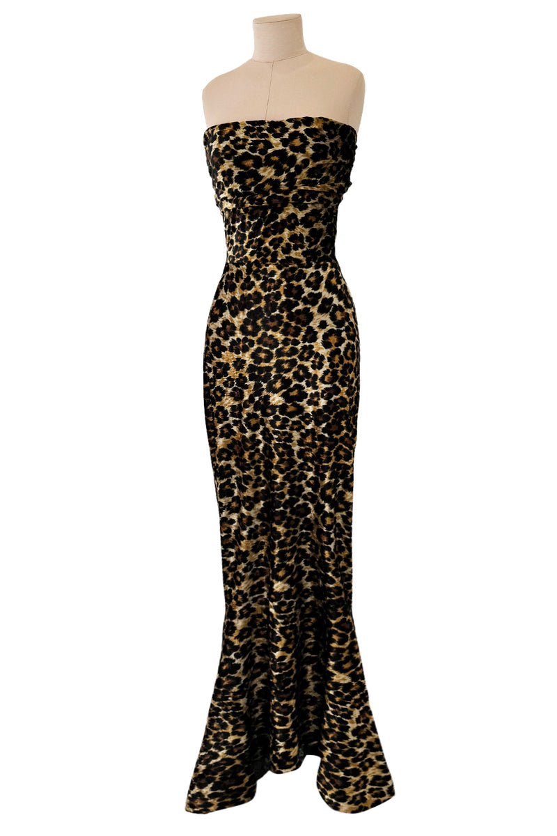 Rare Fall 1989 Patrick Kelly Runway Stretch Velour Leopard Print Dress w Multi-Tie Bodice