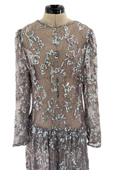 Prettiest 1970s Unlabeled Pale Grey Lace & Blue Grey Glossy Sequin Drop Waist Dress