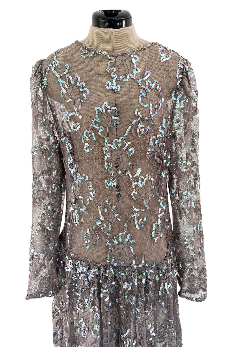 Prettiest 1970s Unlabeled Pale Grey Lace & Blue Grey Glossy Sequin Drop Waist Dress
