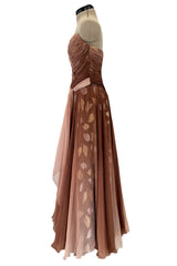 Prettiest Fall 1989 Bob Mackie Runway Silk Chiffon w Metallic Leaf Print Underlay Strapless Dress